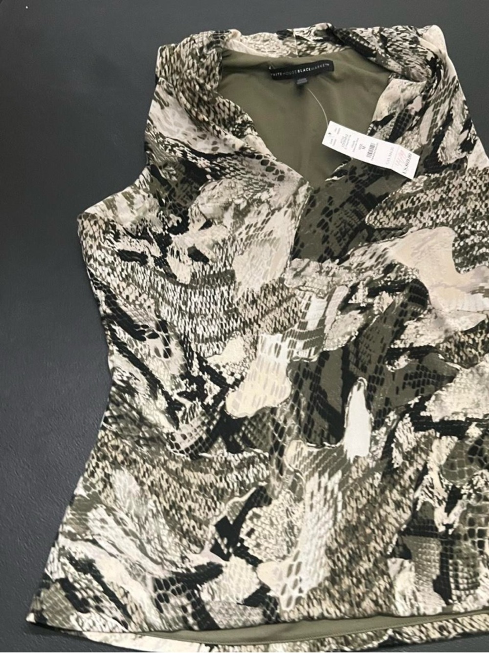 White House Black Market Olive Green and Black Snake Print Blouse